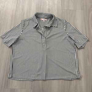 Jude Connally Womens Shirt Black White Striped Short Sleeve Polo Top Size L